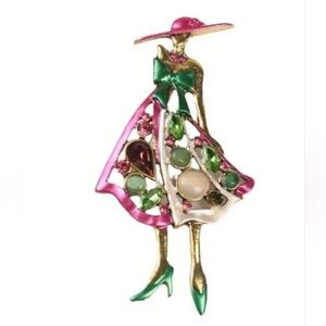 Brooch lady in hat classy lady pin colorful gold-tone avant-garde Woman